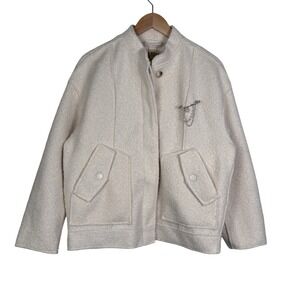 FREE PEOPLE Willow Bomber Jacket Size S Ivory Button Up With Pearl‎ Brooch NWT